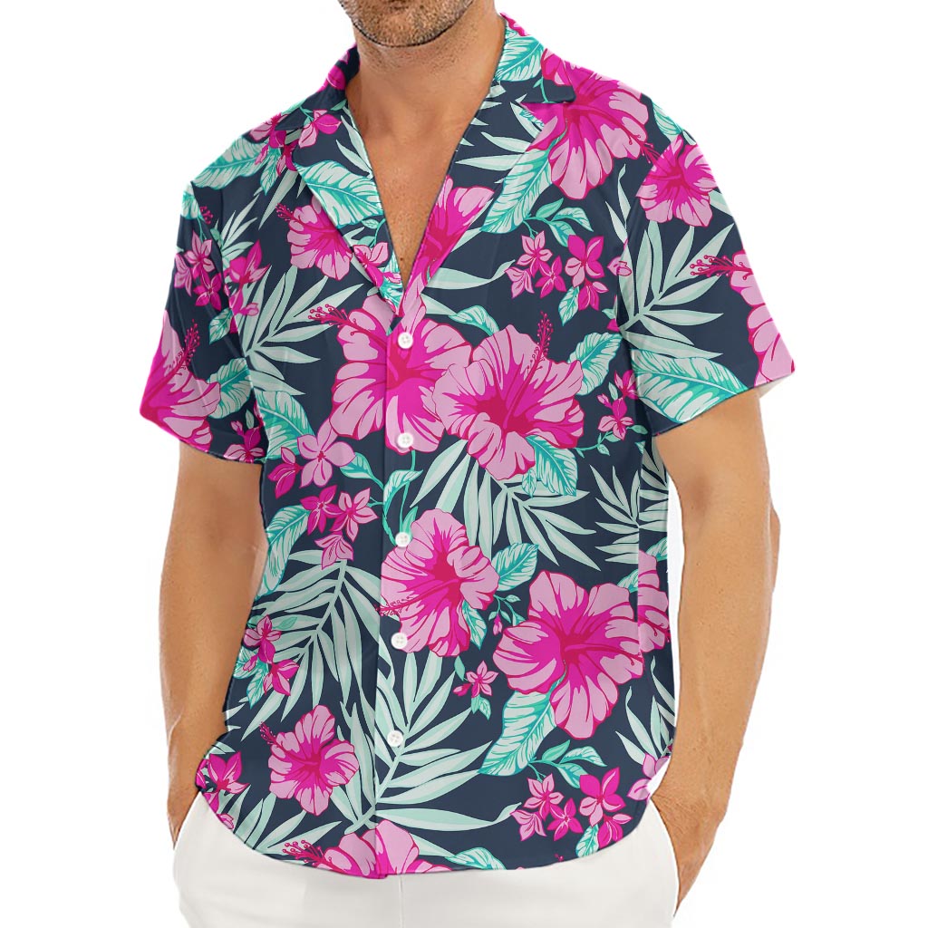 Pink Hibiscus Tropical Pattern Print Men's Deep V-Neck Shirt