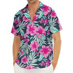 Pink Hibiscus Tropical Pattern Print Men's Deep V-Neck Shirt