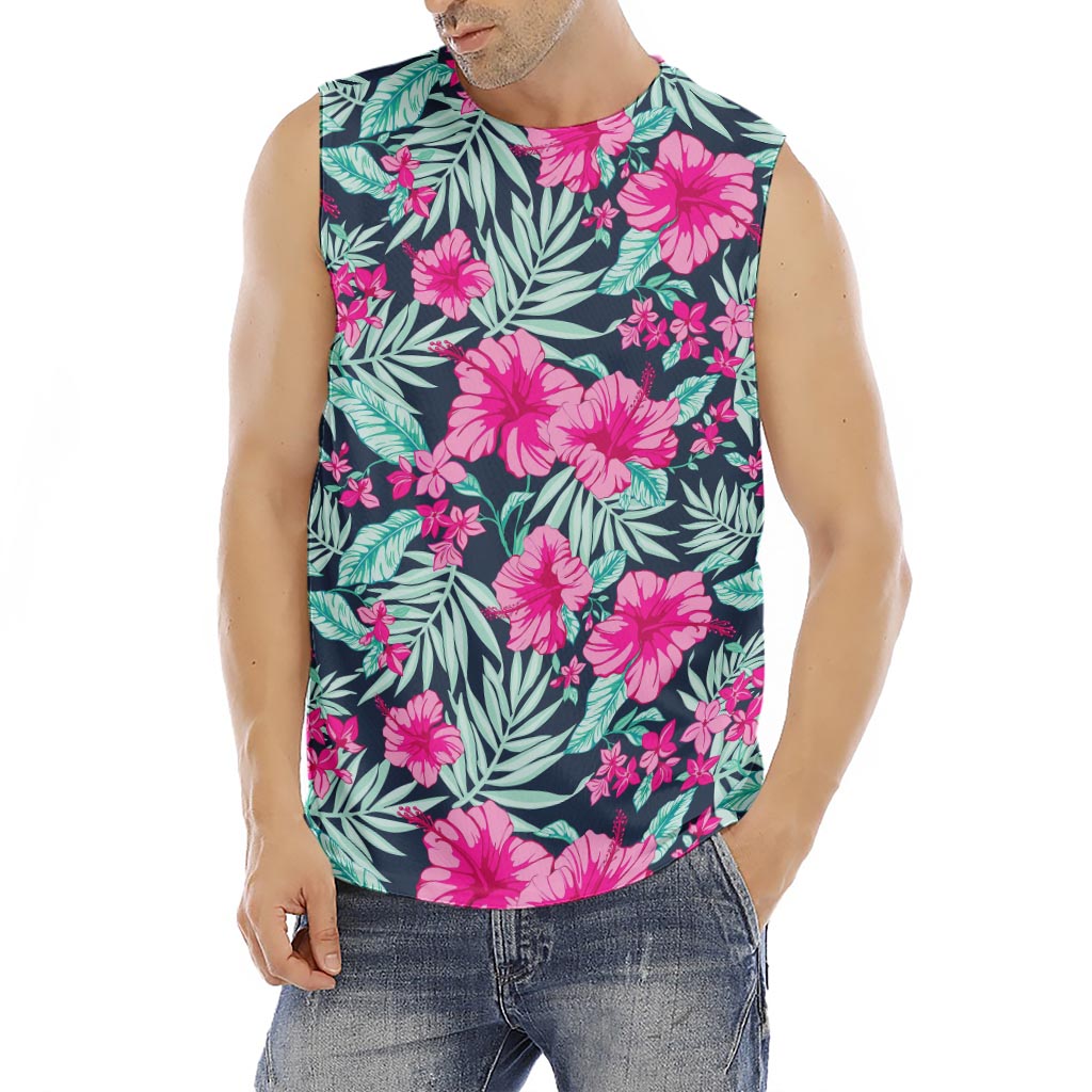 Pink Hibiscus Tropical Pattern Print Men's Fitness Tank Top