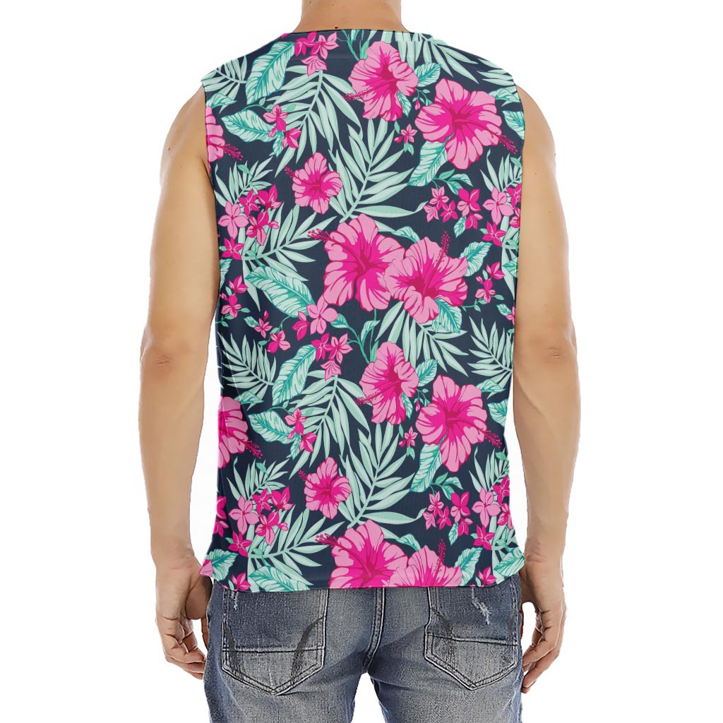 Pink Hibiscus Tropical Pattern Print Men's Fitness Tank Top