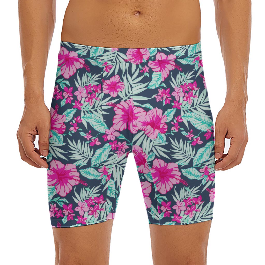 Pink Hibiscus Tropical Pattern Print Men's Long Boxer Briefs