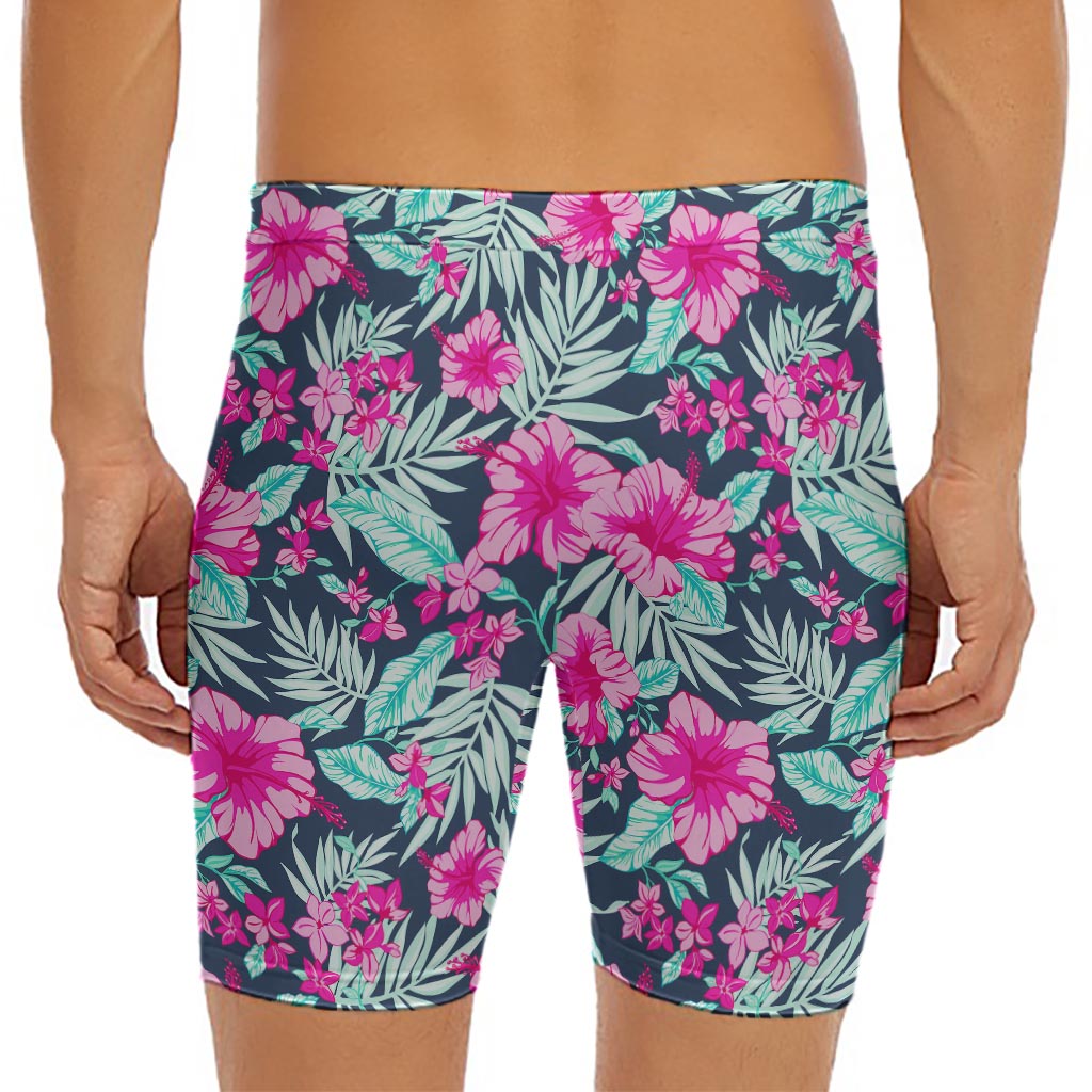 Pink Hibiscus Tropical Pattern Print Men's Long Boxer Briefs
