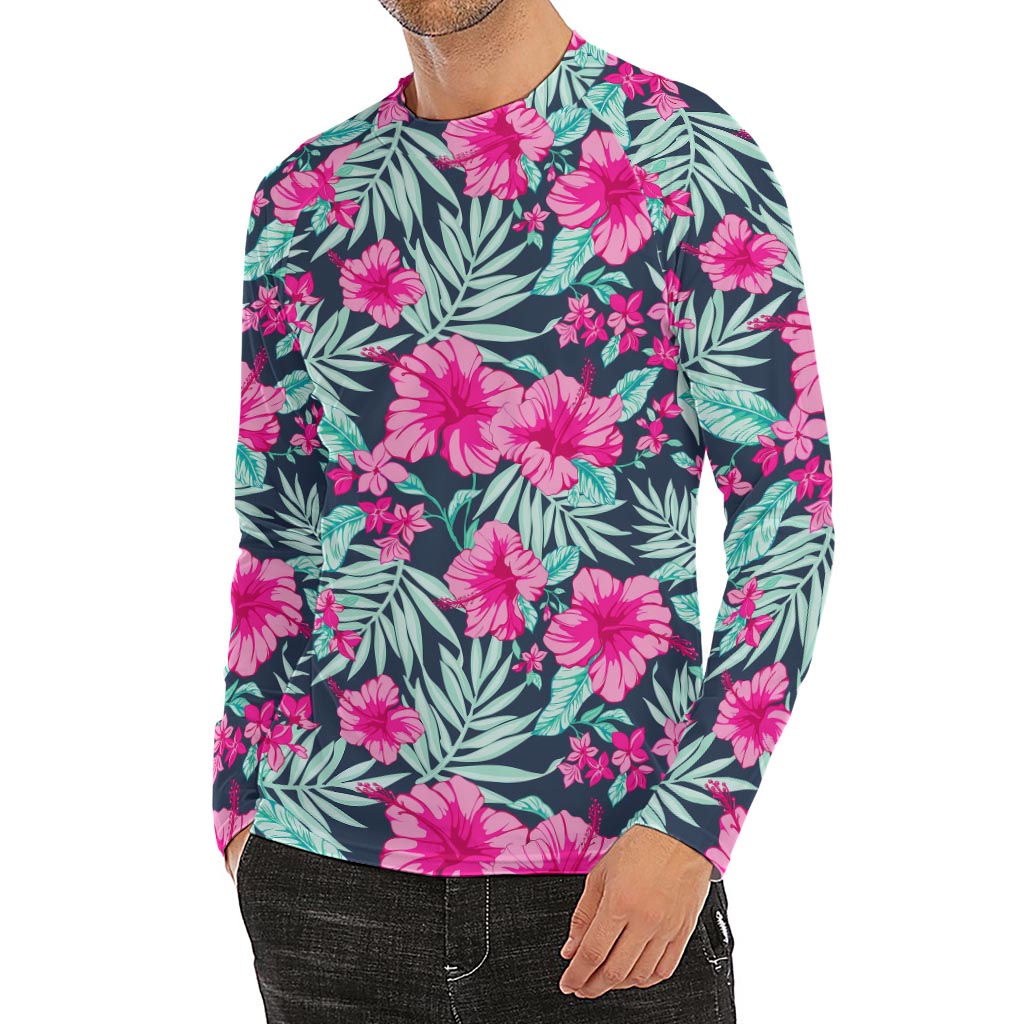 Pink Hibiscus Tropical Pattern Print Men's Long Sleeve Rash Guard
