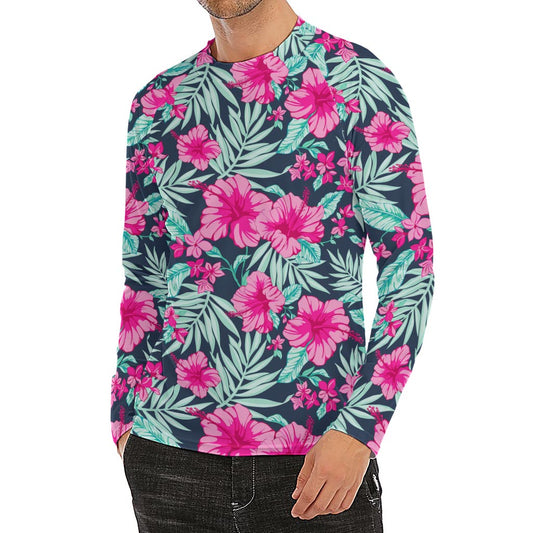Pink Hibiscus Tropical Pattern Print Men's Long Sleeve Rash Guard