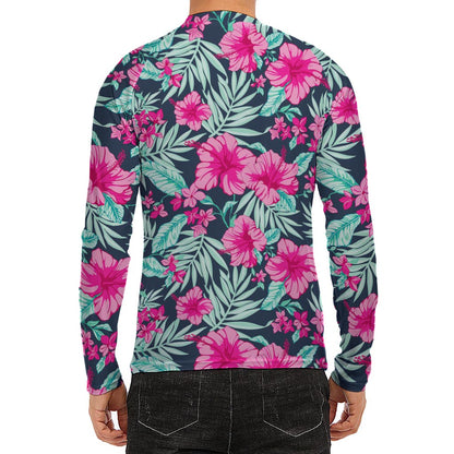 Pink Hibiscus Tropical Pattern Print Men's Long Sleeve Rash Guard