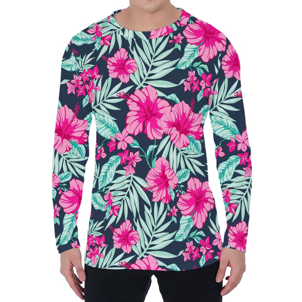 Pink Hibiscus Tropical Pattern Print Men's Long Sleeve T-Shirt