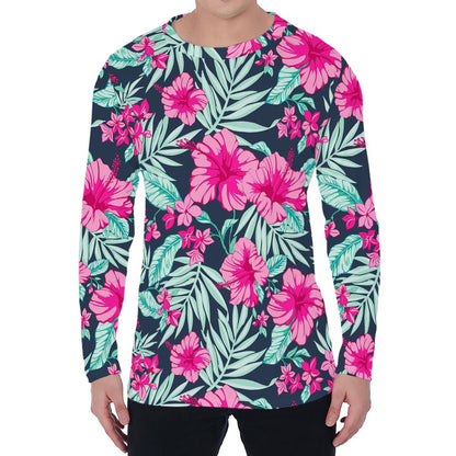 Pink Hibiscus Tropical Pattern Print Men's Long Sleeve T-Shirt