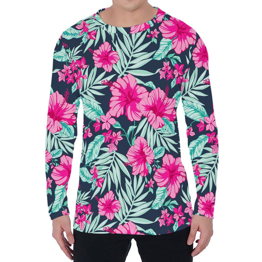 Pink Hibiscus Tropical Pattern Print Men's Long Sleeve T-Shirt