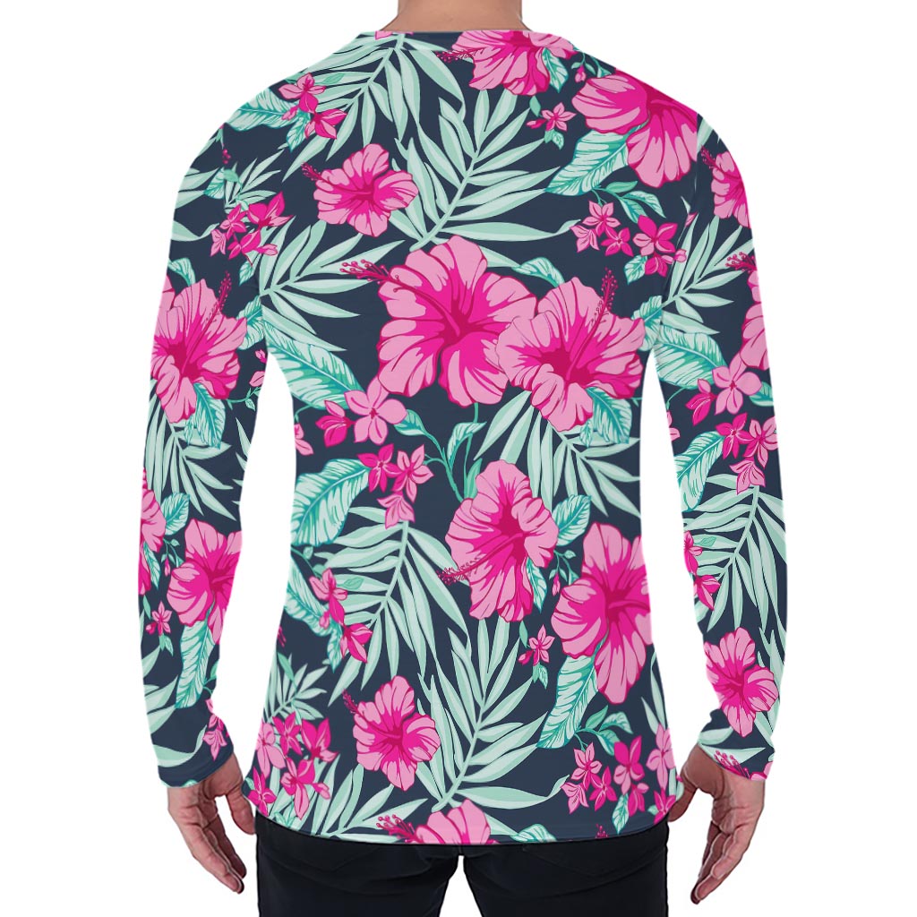 Pink Hibiscus Tropical Pattern Print Men's Long Sleeve T-Shirt