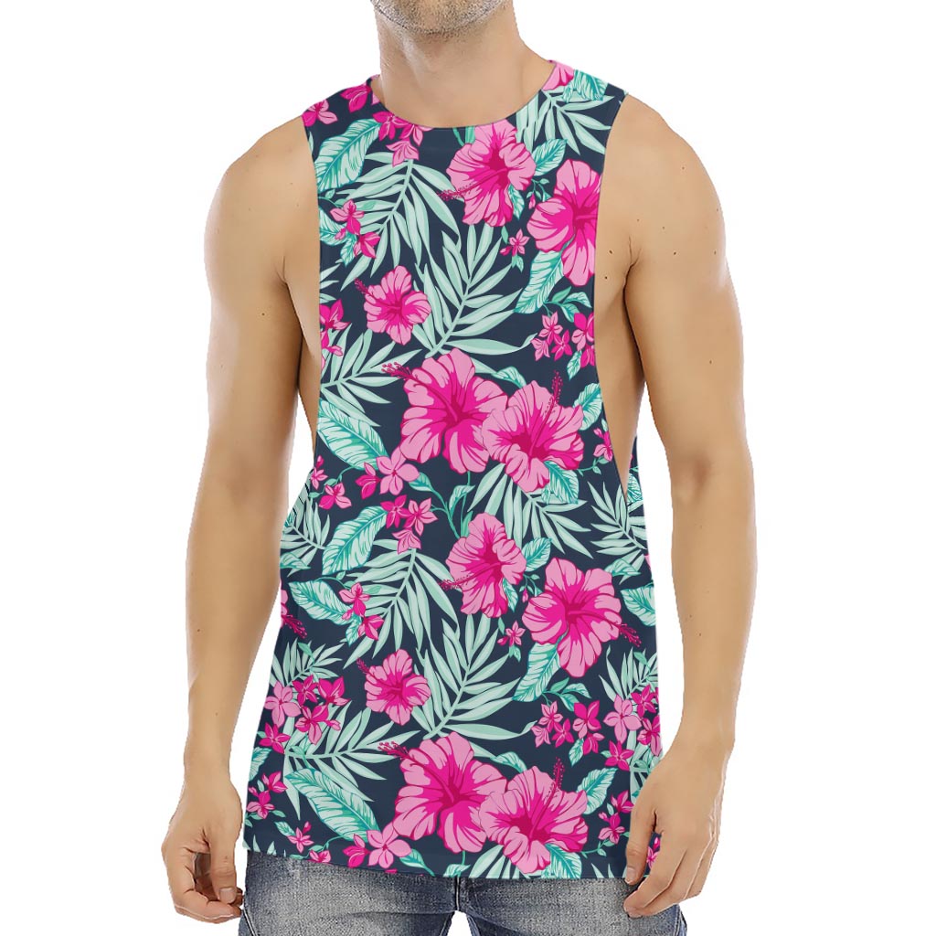 Pink Hibiscus Tropical Pattern Print Men's Muscle Tank Top
