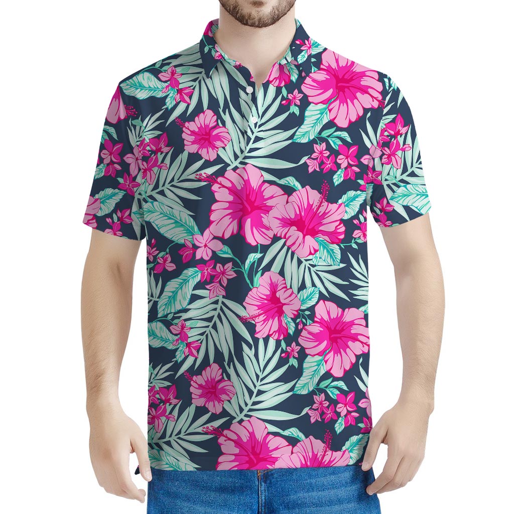 Pink Hibiscus Tropical Pattern Print Men's Polo Shirt