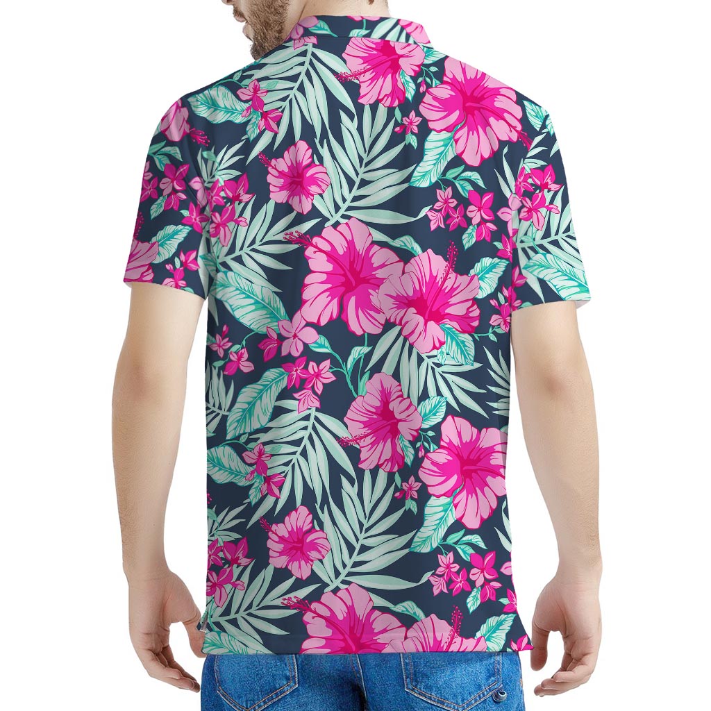 Pink Hibiscus Tropical Pattern Print Men's Polo Shirt