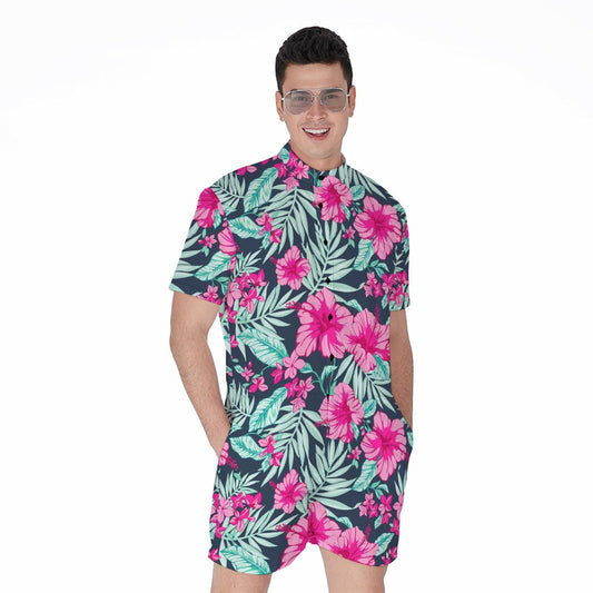 Pink Hibiscus Tropical Pattern Print Men's Rompers
