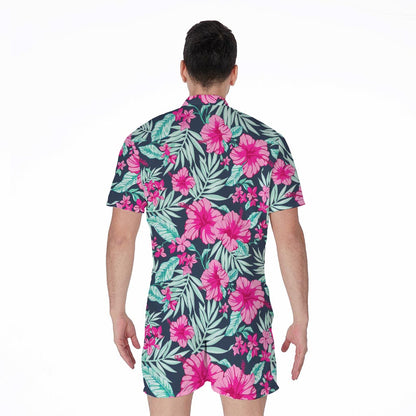 Pink Hibiscus Tropical Pattern Print Men's Rompers