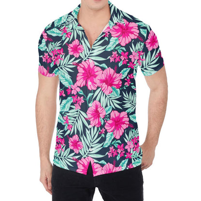 Pink Hibiscus Tropical Pattern Print Men's Shirt