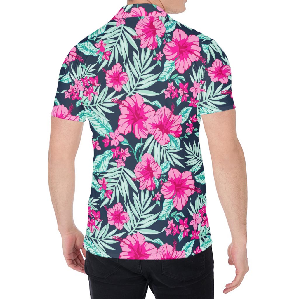 Pink Hibiscus Tropical Pattern Print Men's Shirt