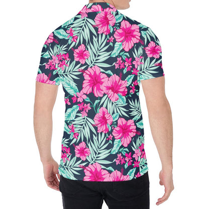 Pink Hibiscus Tropical Pattern Print Men's Shirt