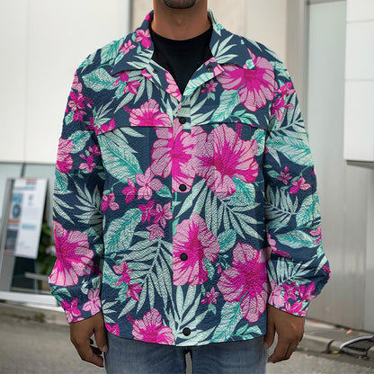 Pink Hibiscus Tropical Pattern Print Men's Shirt Jacket
