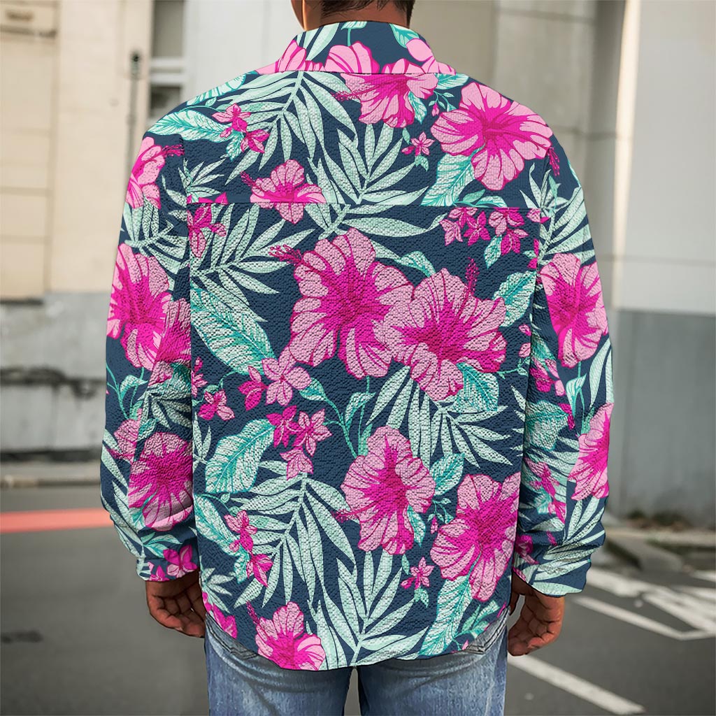 Pink Hibiscus Tropical Pattern Print Men's Shirt Jacket