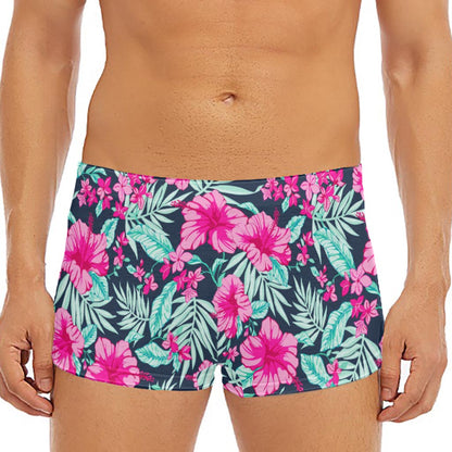 Pink Hibiscus Tropical Pattern Print Men's Short Boxer Briefs