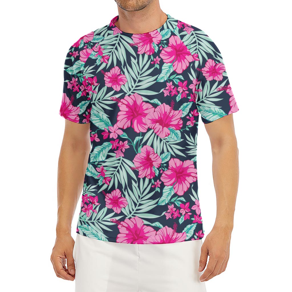 Pink Hibiscus Tropical Pattern Print Men's Short Sleeve Rash Guard