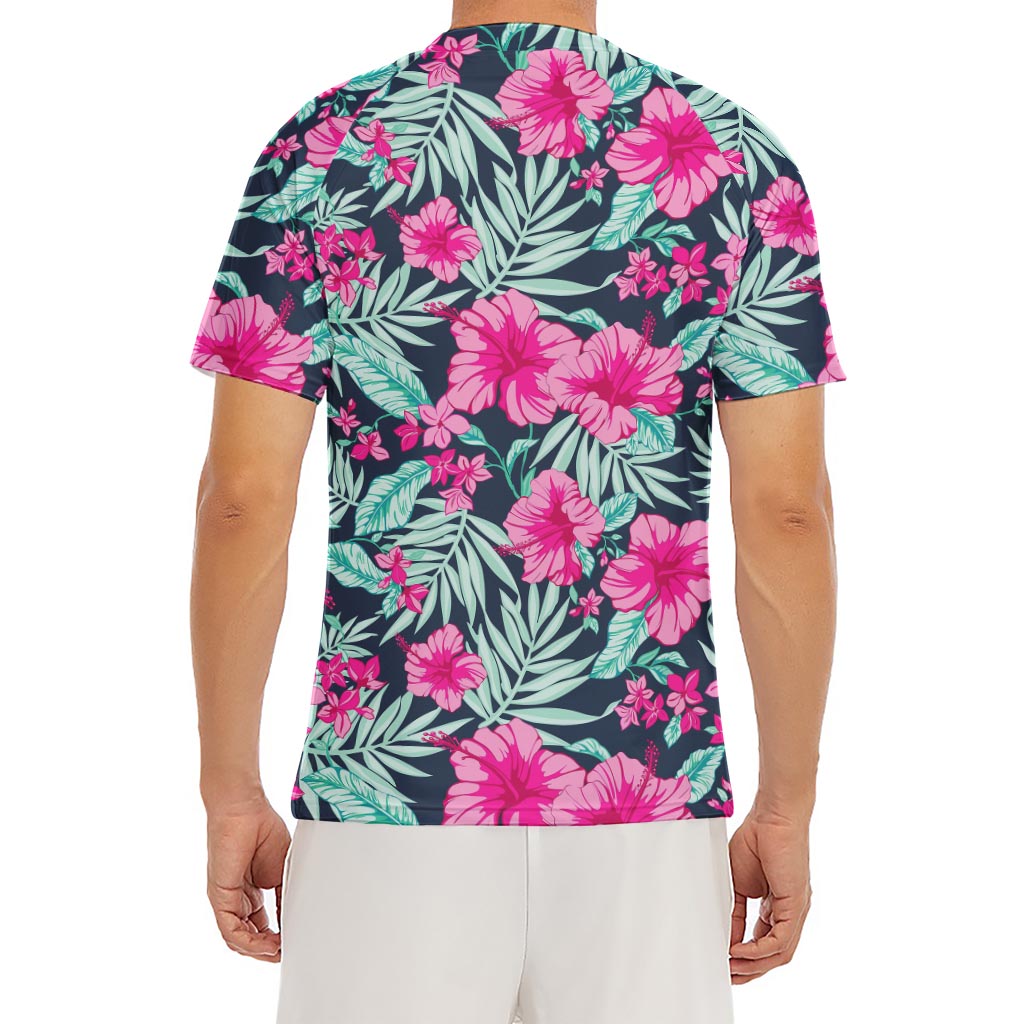Pink Hibiscus Tropical Pattern Print Men's Short Sleeve Rash Guard