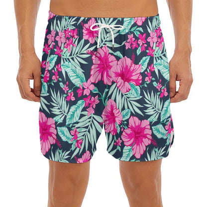 Pink Hibiscus Tropical Pattern Print Men's Split Running Shorts