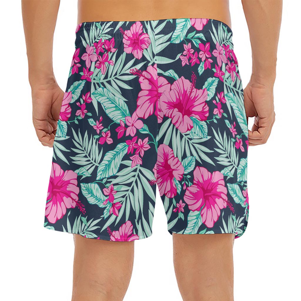 Pink Hibiscus Tropical Pattern Print Men's Split Running Shorts