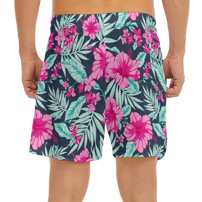 Pink Hibiscus Tropical Pattern Print Men's Split Running Shorts