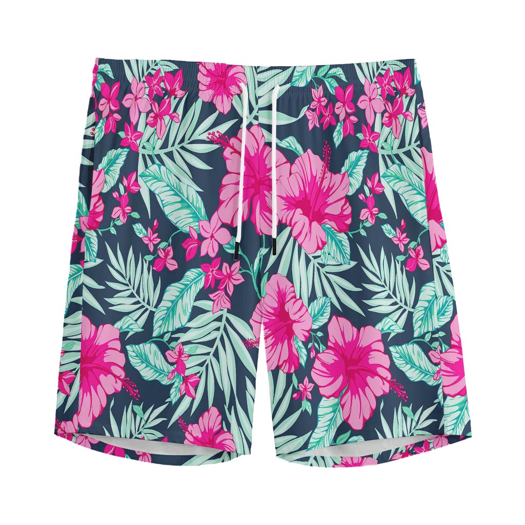 Pink Hibiscus Tropical Pattern Print Men's Sports Shorts