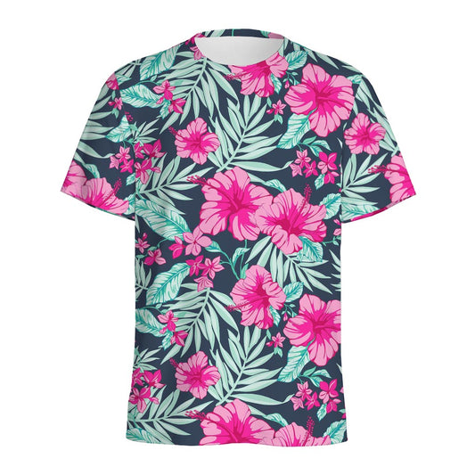 Pink Hibiscus Tropical Pattern Print Men's Sports T-Shirt