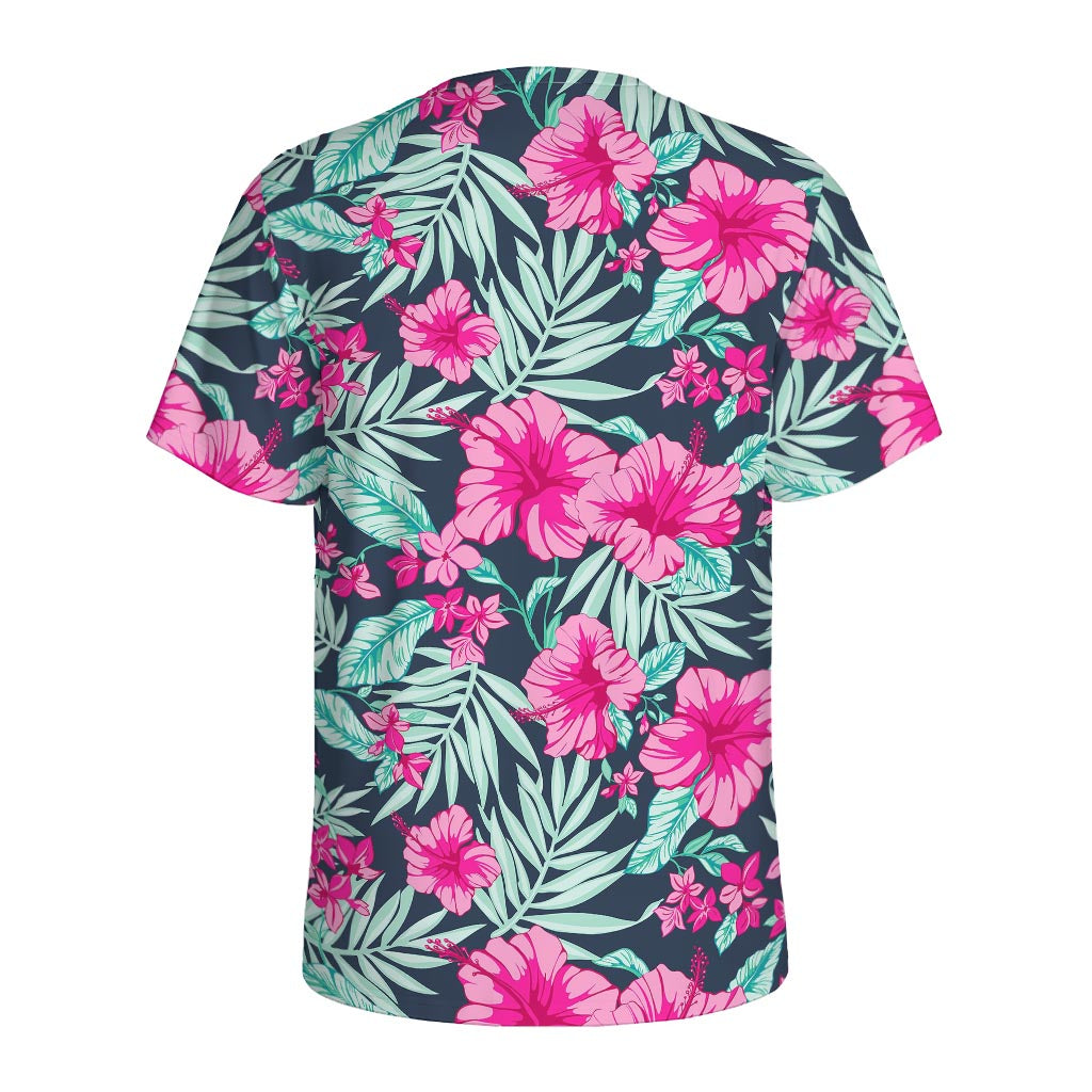 Pink Hibiscus Tropical Pattern Print Men's Sports T-Shirt