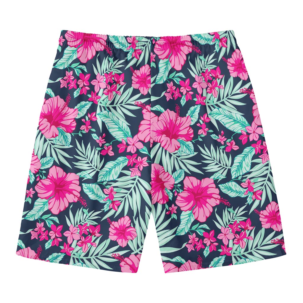 Pink Hibiscus Tropical Pattern Print Men's Swim Trunks