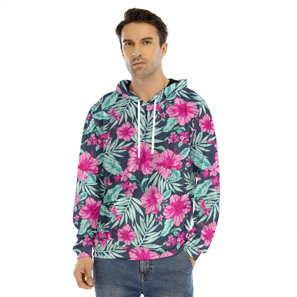 Pink Hibiscus Tropical Pattern Print Men's Velvet Pullover Hoodie