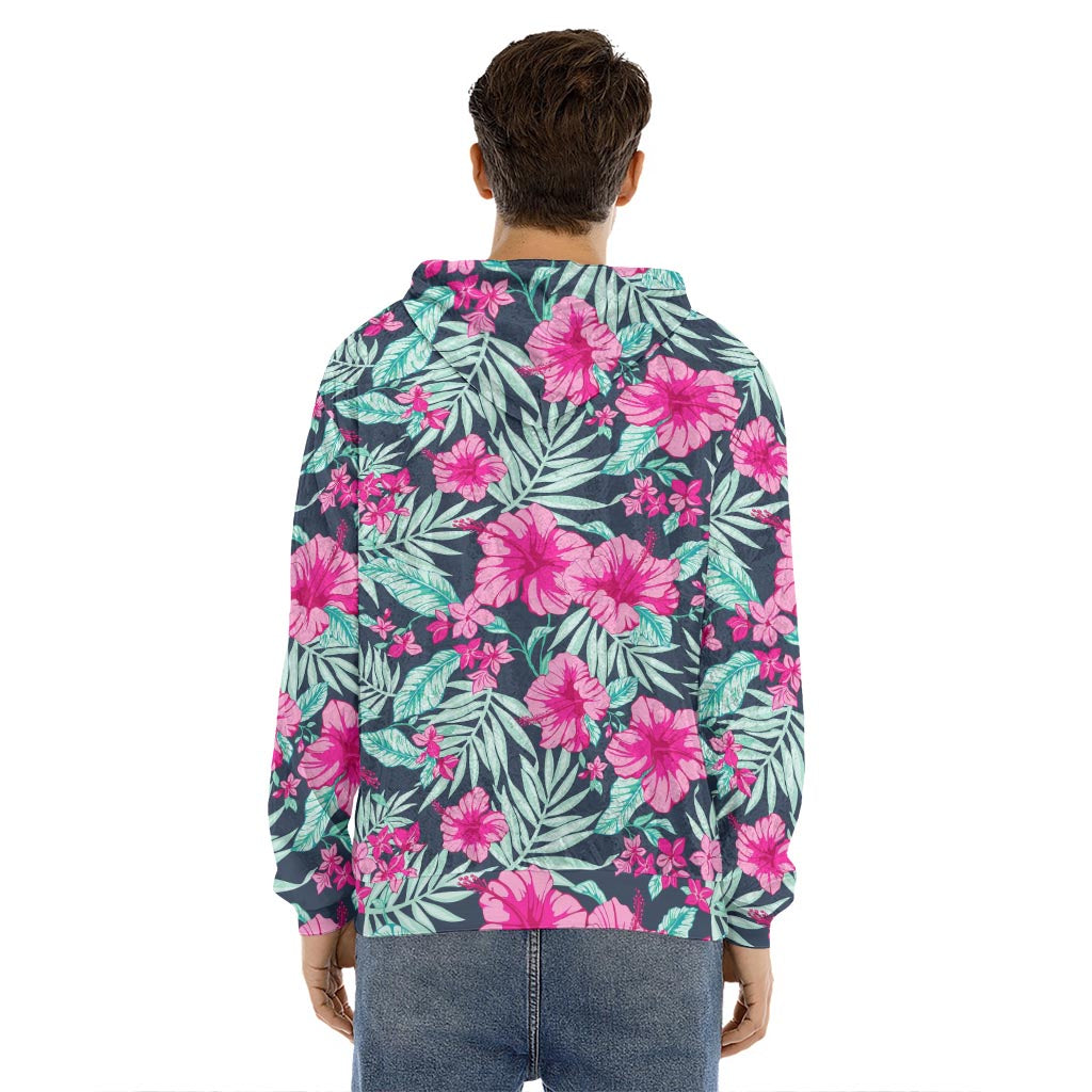 Pink Hibiscus Tropical Pattern Print Men's Velvet Pullover Hoodie