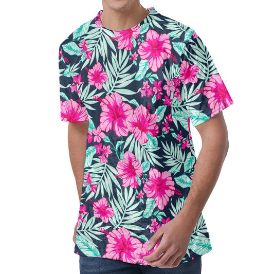 Pink Hibiscus Tropical Pattern Print Men's Velvet T-Shirt