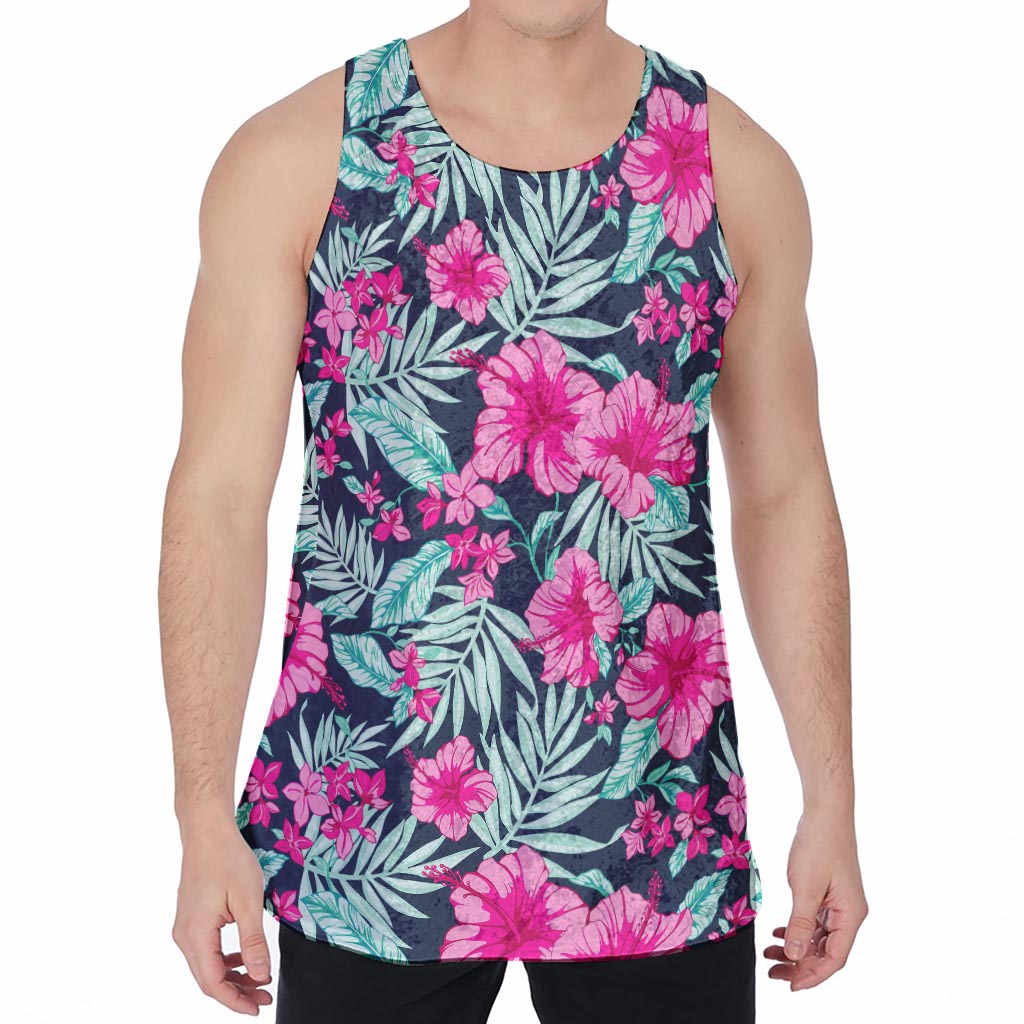 Pink Hibiscus Tropical Pattern Print Men's Velvet Tank Top