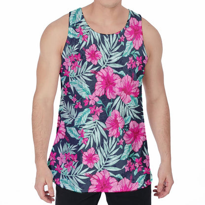 Pink Hibiscus Tropical Pattern Print Men's Velvet Tank Top