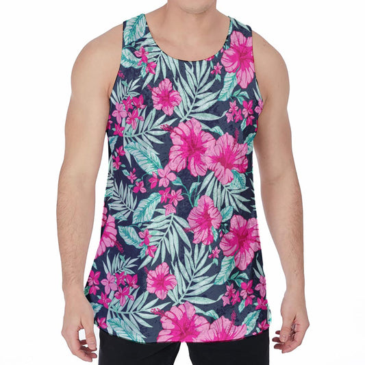 Pink Hibiscus Tropical Pattern Print Men's Velvet Tank Top
