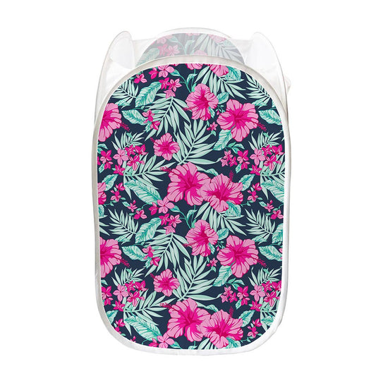 Pink Hibiscus Tropical Pattern Print Mesh Laundry Hamper