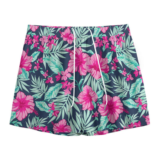 Pink Hibiscus Tropical Pattern Print Mesh Shorts