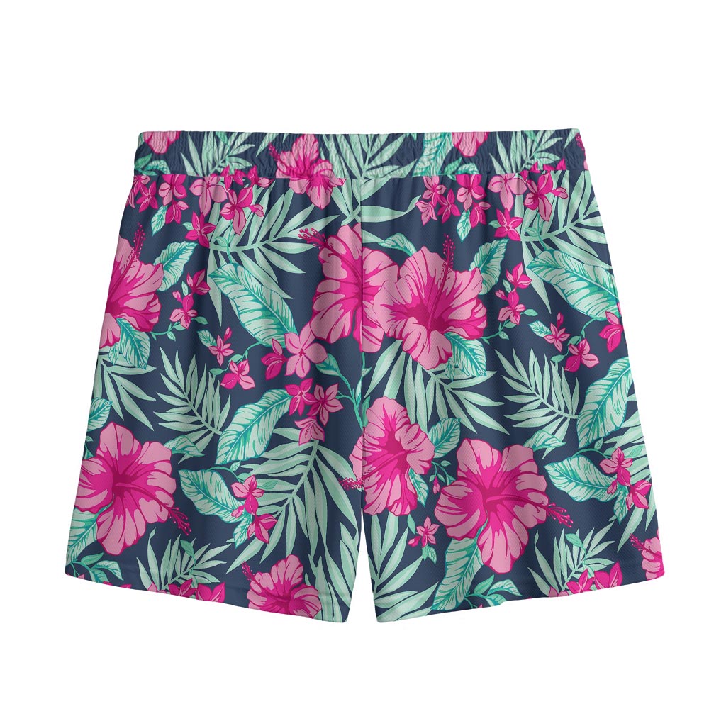 Pink Hibiscus Tropical Pattern Print Mesh Shorts