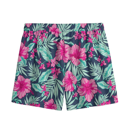 Pink Hibiscus Tropical Pattern Print Mesh Shorts