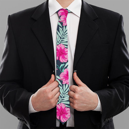 Pink Hibiscus Tropical Pattern Print Necktie