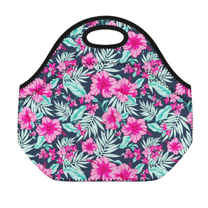 Pink Hibiscus Tropical Pattern Print Neoprene Lunch Bag