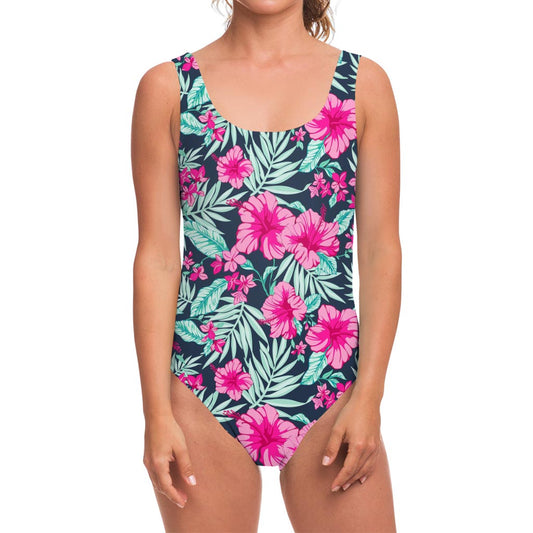 Pink Hibiscus Tropical Pattern Print One Piece Swimsuit
