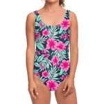 Pink Hibiscus Tropical Pattern Print One Piece Swimsuit