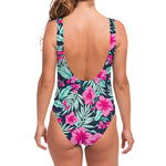 Pink Hibiscus Tropical Pattern Print One Piece Swimsuit