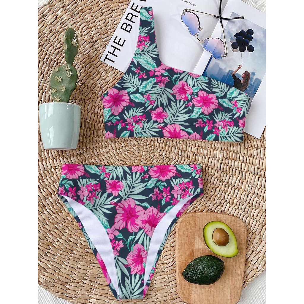 Pink Hibiscus Tropical Pattern Print One Shoulder Bikini Top
