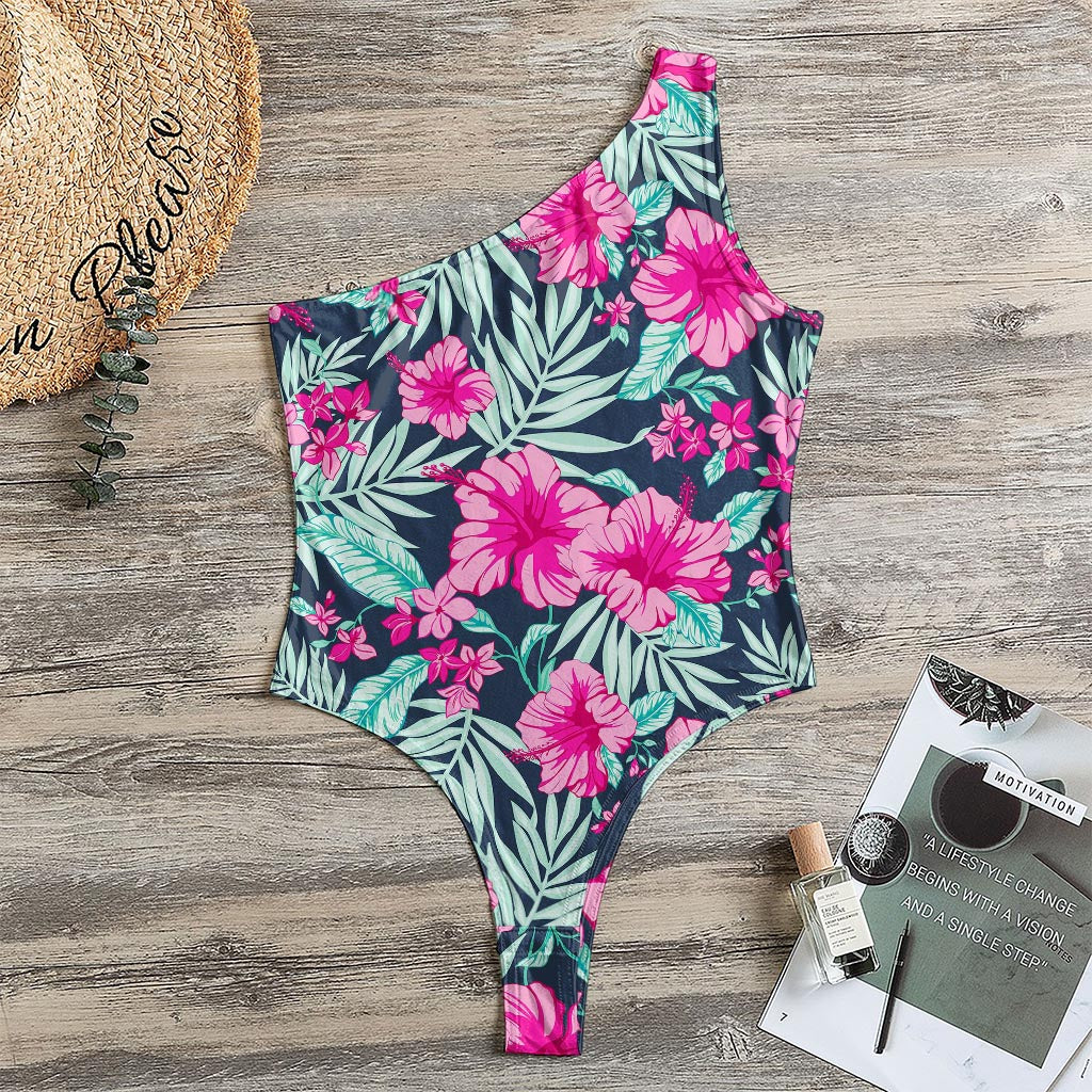 Pink Hibiscus Tropical Pattern Print One Shoulder Bodysuit